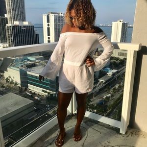 White BCBG off-shoulder romper
